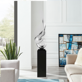 Chrome Flame Floor Sculpture With Black Stand, 65" Tall