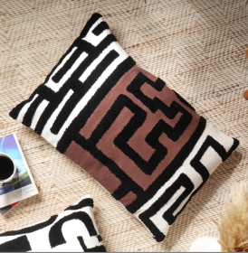Handcrafted Tufted Cotton Slub Lumbar Pillow - Brown, White & Black 24 X 16