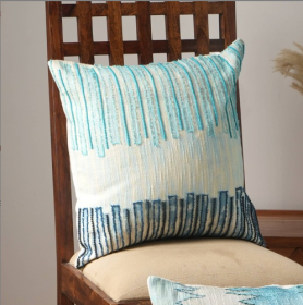 Handcrafted Coastal Horizon Beaded & Embroidered Cotton Pillow 18x18