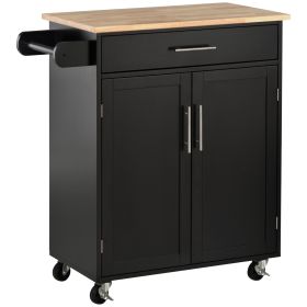 HOMCOM Portable Kitchen Storage Trolley, Black, with Magnetic Door Catch, Rubberwood Top on Wheels