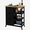 HOMCOM Kitchen Island on Wheels, Black, with Wood Top, Shelves & Drawers