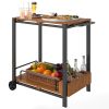 Outsunny Acacia Wood Outdoor Bar Cart with Wheels, Rolling 2-Tier Coffee & Drink Cart with 3 Bottle Holders, Teak