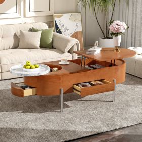 U-Can 47.2''Lift Top Coffee Table with 360-degree Marble-patterned rotating tray,Hidden Compartment, Partially Assembled Wooden Center Table