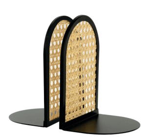 Home Decor Collection Arched Black Metal and Natural Rattan Indoor Tabletop Bookends