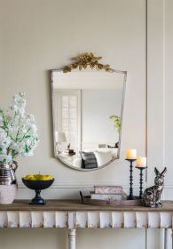 24x1.6x37.4" Decorative Arched Wall Mirror with Distressed Ivory Frame and Gold Floral Crown