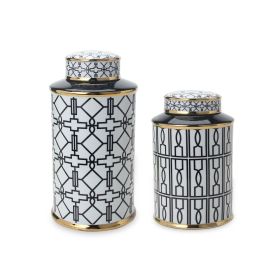 Elegant White Ceramic Ginger Jars with Black Geometrical Design and Removable Lid - Set of 2