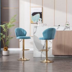 Set of 2 Bar Stools,with Chrome Footrest and Base Swivel Height Adjustable Mechanical Lifting Velvet + Golden Leg Simple Bar Stool-Baby Blue