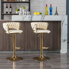 Set of 2 Bar Stools,with Chrome Footrest and Base Swivel Height Adjustable Mechanical Lifting Velvet + Golden Leg Simple Bar Stool-Cream