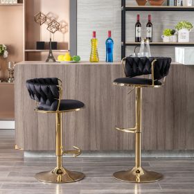 Set of 2 Bar Stools,with Chrome Footrest and Base Swivel Height Adjustable Mechanical Lifting Velvet + Golden Leg Simple Bar Stool-Black