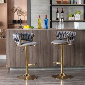 Set of 2 Bar Stools,with Chrome Footrest and Base Swivel Height Adjustable Mechanical Lifting Velvet + Golden Leg Simple Bar Stool-Gray
