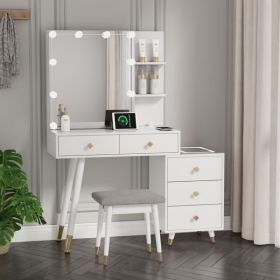 FCH Pitted Particle Board With Triamine Coating, Solid Wood Legs With Copper Sheath Decoration, 5 Drawers, 2-Layer Shelf, Mirror Cabinet With Str