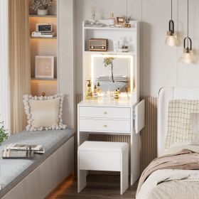 Small Space Vanity Table Set with 3 Adjustable Lighted Mirror and Storage Chair,Makeup Vanity Table for Small Space