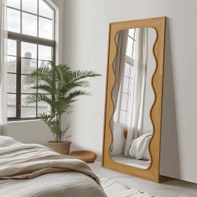 71"*31"Solid wood wavy right-angled rectangular log-colored full-length mirror for Living Room, Bedroom, Hanging or Leaning Against The Wall