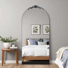 71"*31"Wooden bottom striped right-angled arched black full-length mirror for Living Room, Bedroom, Hanging or Leaning Against The Wall