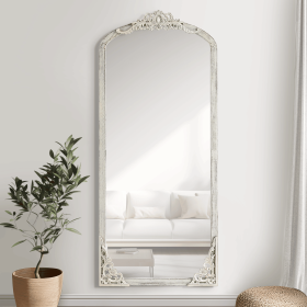 Solid wood carved right angle micro arch weathered white full-length mirror 67 * 28 * 1 inch Bathroom Vanity Mirror for Bedroom Entryway