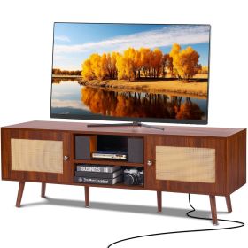 VEVOR Rattan TV Stand, Mid Century Modern TV Stand for 65 inch TV, Boho Rattan TV Cabinet with Build-in Socket and USB Ports