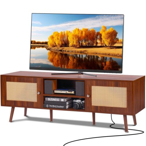 VEVOR Rattan TV Stand, Mid Century Modern TV Stand for 65 inch TV, Boho Rattan TV Cabinet with Build-in Socket and USB Ports