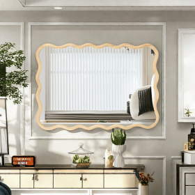 Solid Wood Wavy Rectangle Mirror-Natural-Wood 40" x 28" Modern Mirror Wall Decor for Bathroom, Bedroom, Living Room, Dining Room, Cloakroom, Entr