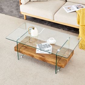 43.3 Inch Modern Two-Tier Coffee Table - An Elegant Combination of Clear Glass and Light Wood Texture Sticker.It can be used not only as a coffee tabl