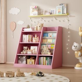 Pink Wooden Toy Storage Organizer Cabinet Kids Bookshelf Children Bookcase Toddler Baby Sling Book Rack Adjustable Shelf for Playroom Bedroom Nur