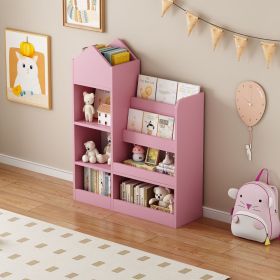 Pink Kids Wooden Bookshelf Toy Storage Organizer with Bookcase, Kid's Bin Storage Unit with 6 Compartments 2 Baskets Bins Toys Box Organizer