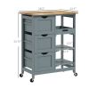 HOMCOM Dining Rolling Kitchen Cart, Gray, with Wood Top, Shelves & Drawers