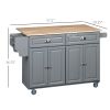 HOMCOM Utility Kitchen Cart, Dark Gray, on Wheels with Drop-Leaf, Rubber Wood Top, Storage Cabinets