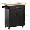 HOMCOM Portable Kitchen Storage Trolley, Black, with Magnetic Door Catch, Rubberwood Top on Wheels