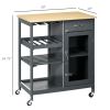 HOMCOM Gray Kitchen Island Cart, Rolling Utility Cart with Wine Rack, Shelves & Cabinet