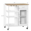 HOMCOM White Kitchen Island, Portable Rolling Utility Cart with Bamboo-Effect Top & Slatted Shelf