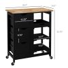 HOMCOM Kitchen Island on Wheels, Black, with Wood Top, Shelves & Drawers