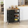HOMCOM Kitchen Island on Wheels, Black, with Wood Top, Shelves & Drawers