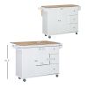HOMCOM Kitchen Island, White, Wheels, Drop Leaf Top, Towel/Spice Rack, Drawers, Cabinet, Versatile Storage