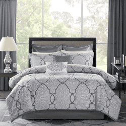 12 Piece Comforter Set With Cotton Bed Sheets Silver Queen (Color: Silver)