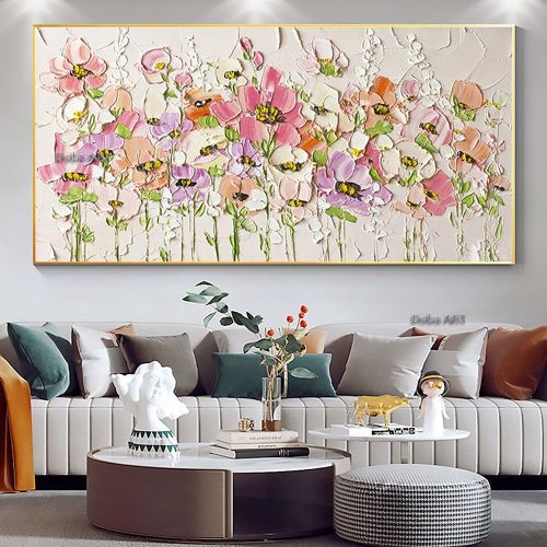 Handmade Abstract Blossom Pink Flower Oil Painting on Canvas;  Large Original Modern Textured Floral Scenery Painting Boho Wall Art Living Room H
