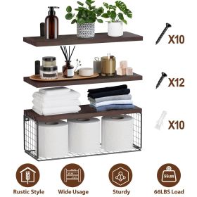 2 In 1 Floating Shelves Wall Mounted with Storage Basket Bathroom Shelves Over Toilet Wooden Shelves for Bedroom Living Room Kitchen Office Wall Decor (Color: As Shown)