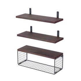2 In 1 Floating Shelves Wall Mounted with Storage Basket Bathroom Shelves Over Toilet Wooden Shelves for Bedroom Living Room Kitchen Office Wall Decor (Color: Brown)