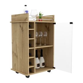Huali Bar Cart, Six Built-in Wine Rack, Glass Door, Four Casters, Two Shelves (Color: Light Oak)