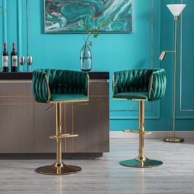 Set of 2 Bar Stools,with Chrome Footrest and Base Swivel Height Adjustable Mechanical Lifting Velvet + Golden Leg Simple Bar Stool-Green (Color: as Pic)