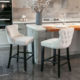 Contemporary Velvet Upholstered Wing-Back Barstools with Button Tufted Decoration and Wooden Legs;  and Chrome Nailhead Trim;  Leisure Style Bar (Color: Beige)