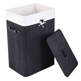 Bamboo Laundry Hamper, Single Lattice Folding Cloth Storage Basket Dirty Clothes Hamper, Collapsible Hamper with Lid and Removable Lining RT (Color: Black)