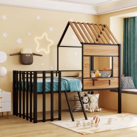 Metal Twin size Loft Bed with Roof, Window, Guardrail, Ladder (Color: Black)