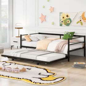 Twin Size Metal Daybed with Adjustable Trundle, Pop Up Trundle (Color: Black)