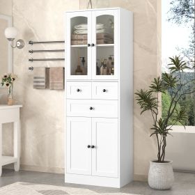 Tall Bathroom Storage Cabinet, Cabinet with Four Doors and Drawers, Adjustable Shelf, MDF Board (Color: White, Material: MDF)