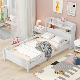 Wood Twin Size Platform Bed with Built-in LED Light, Storage Headboard and Guardrail (Color: White)