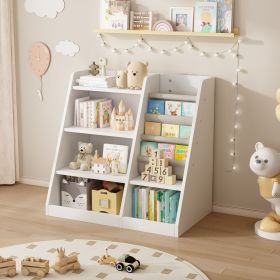 Wooden Toy Storage Organizer Cabinet Kids Bookshelf Children Bookcase Toddler Baby Sling Book Rack Adjustable Shelf for Playroom Bedroom Nursery (Color: White, Material: MDF)